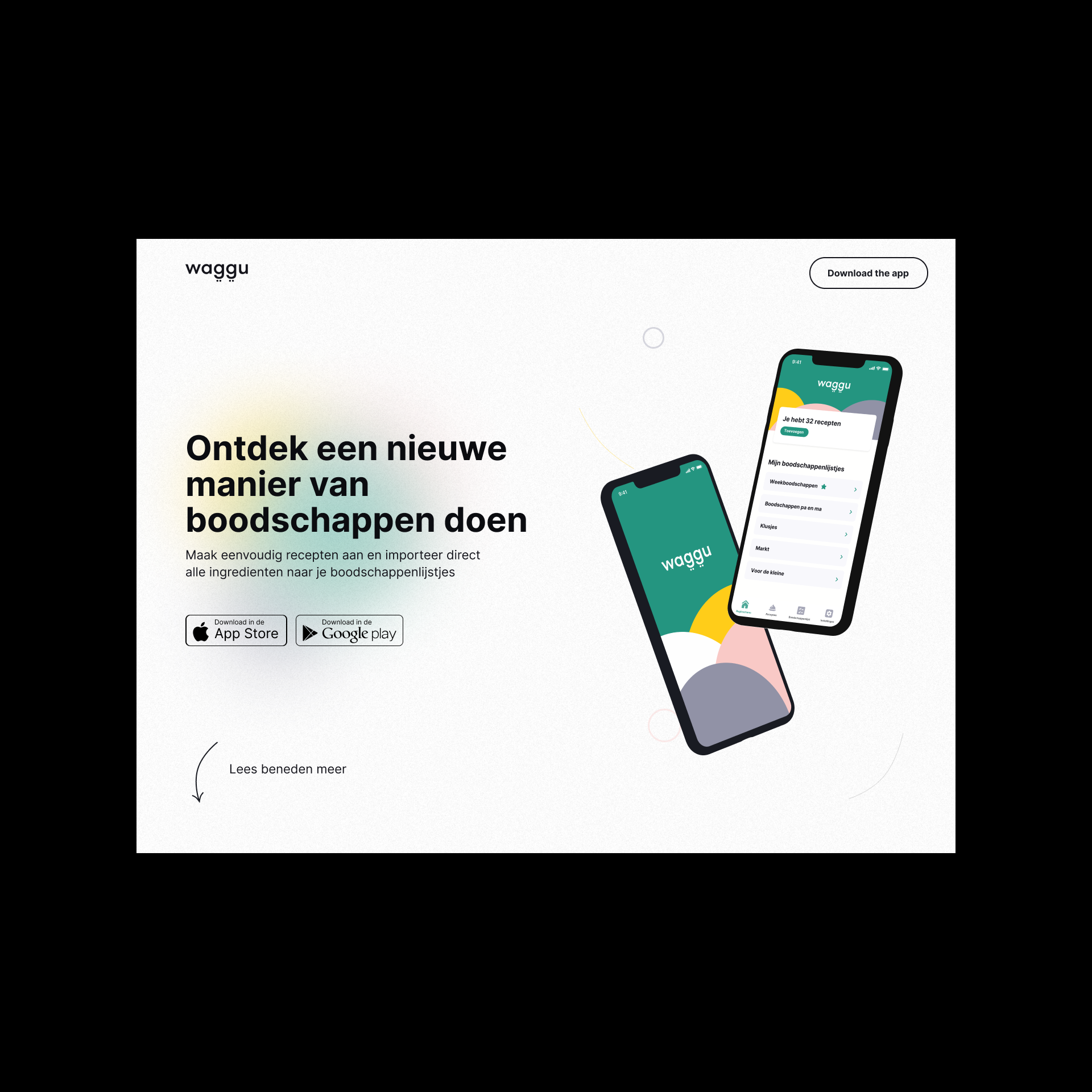 Waggu grocery app landing page with two phone mockups.