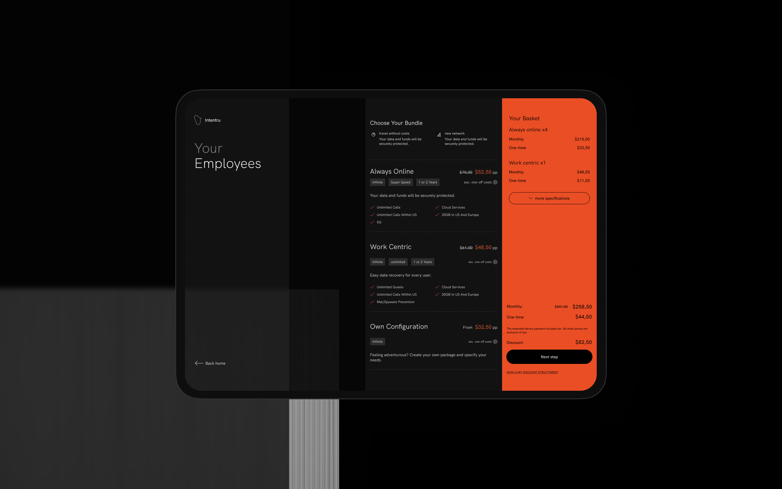 Dark product configurator interface with an orange order summary.