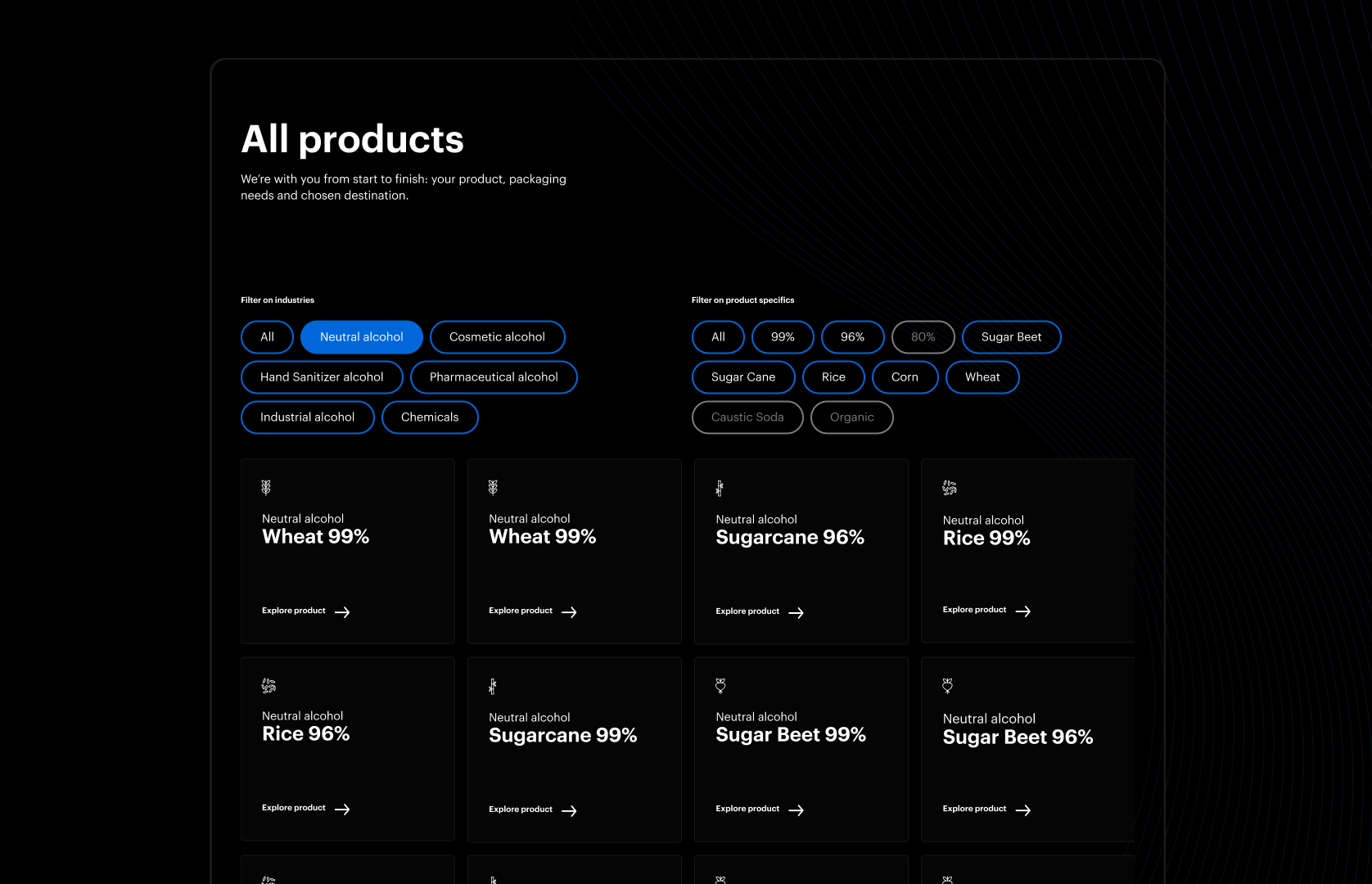 Dark product catalogue interface with blue filter controls.