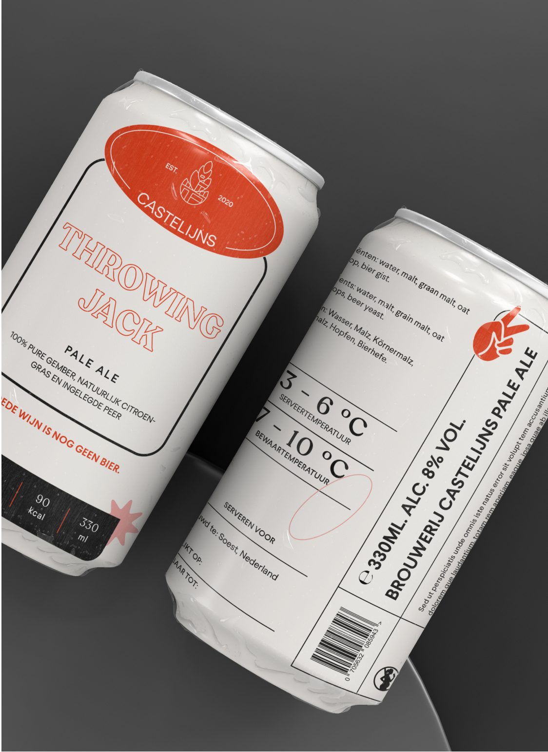 Two cans with the orange and cream Throwing Jack beer label.