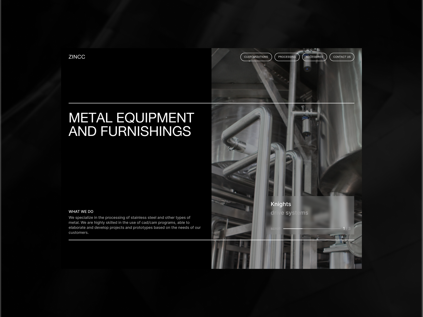 Dark industrial website concept for Zinco metal equipment.