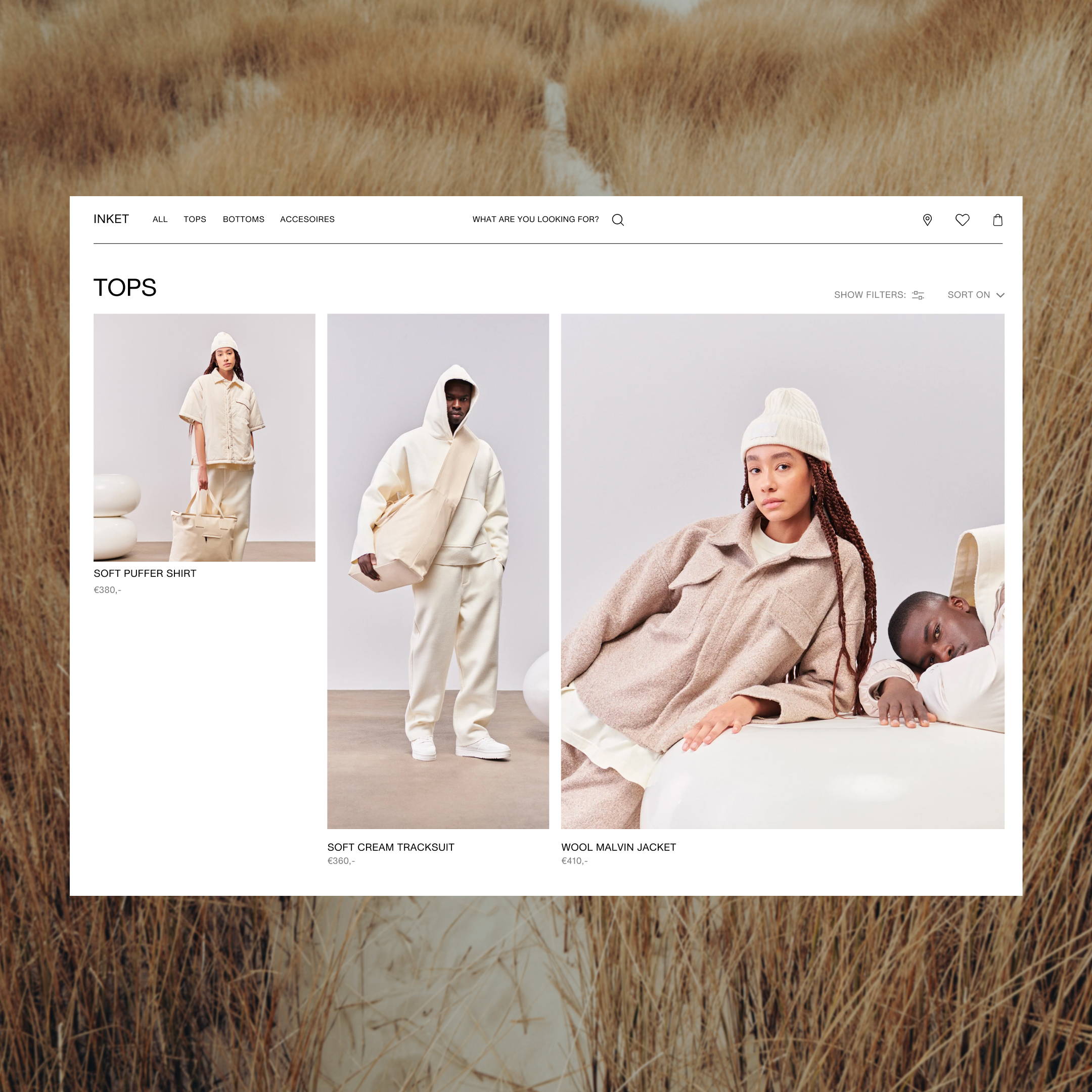 Fashion ecommerce product listing composed over a grass background.