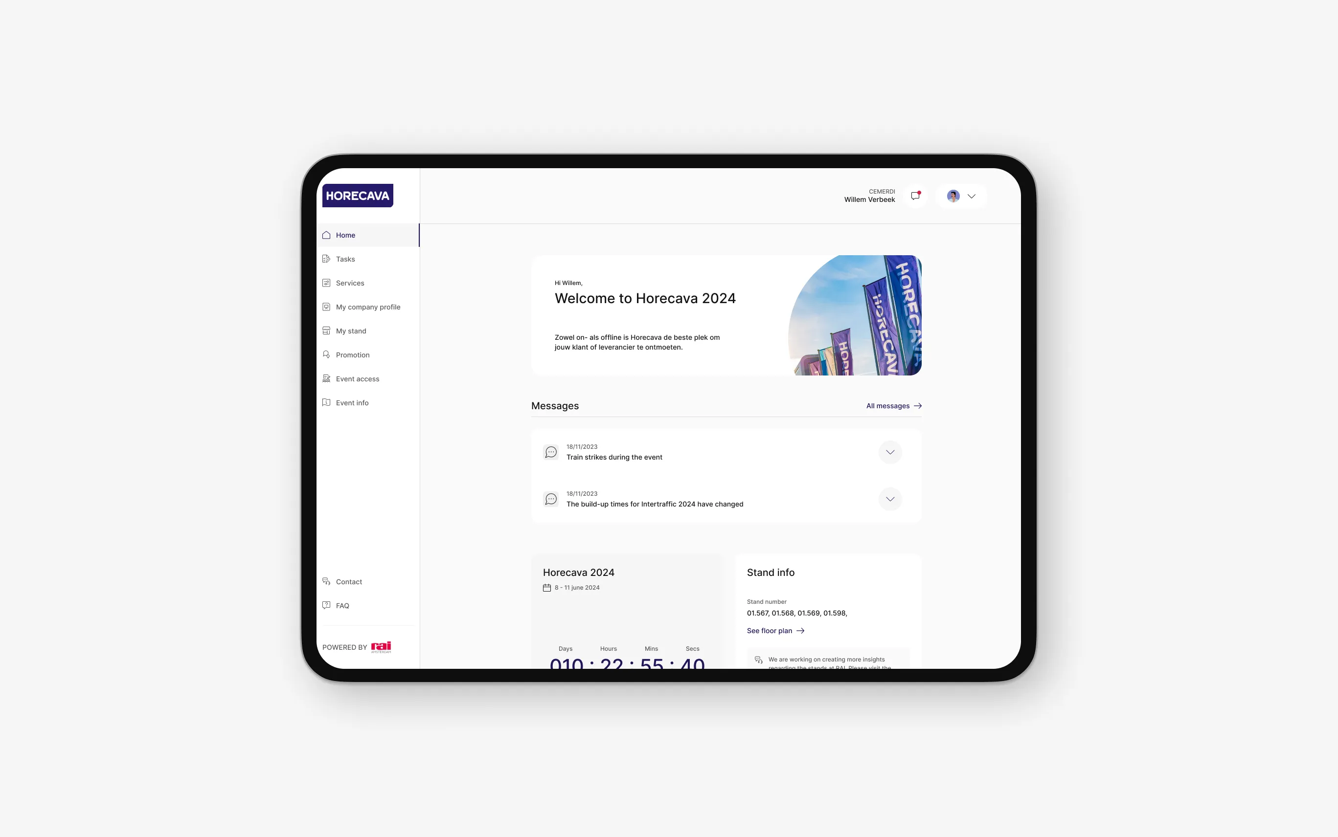 RAI Amsterdam Exhibitor Platform interface overview.