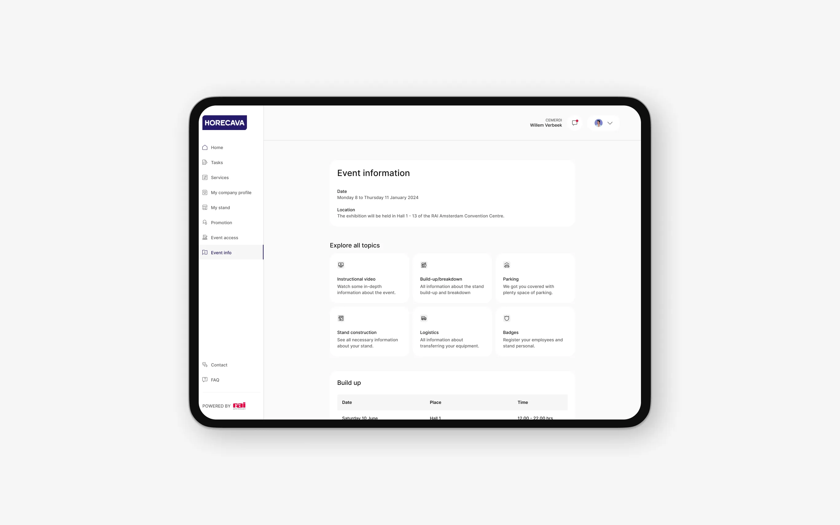 Detail screen from the RAI Amsterdam Exhibitor Platform.